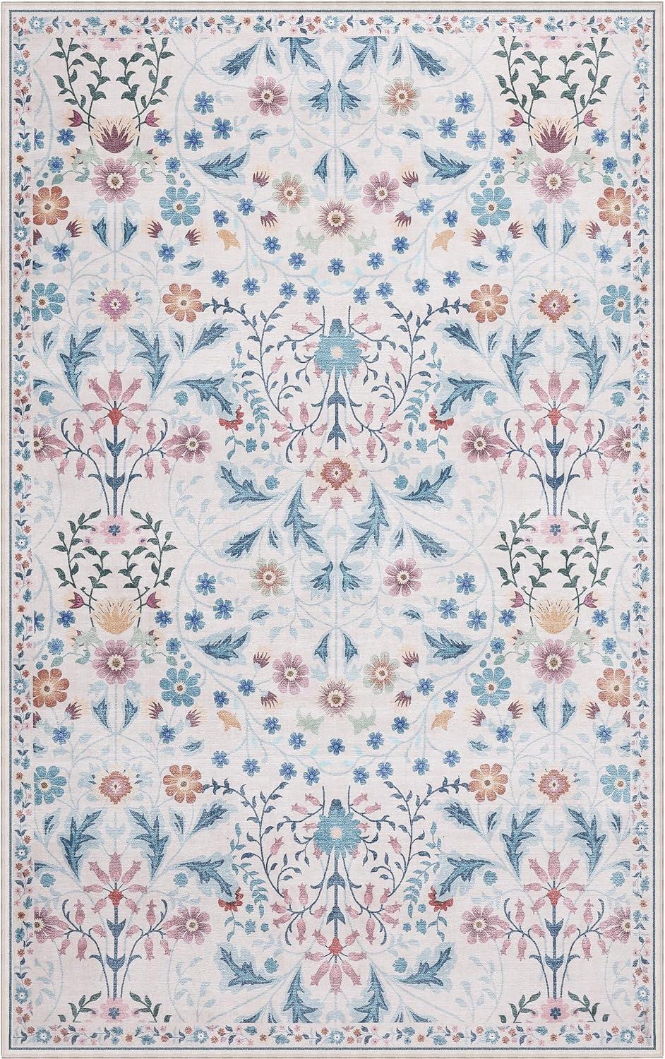 image:imageJONATHAN Y UltraSoft MachineWashable Rug with NonSkid Backing TaupeMulti 5x8 Primrose Art Nouveau Floral Border NonShedding Velvet Luxury Feel for Living Room Dining Room Bedroom BTF100F5CreamTurquoise