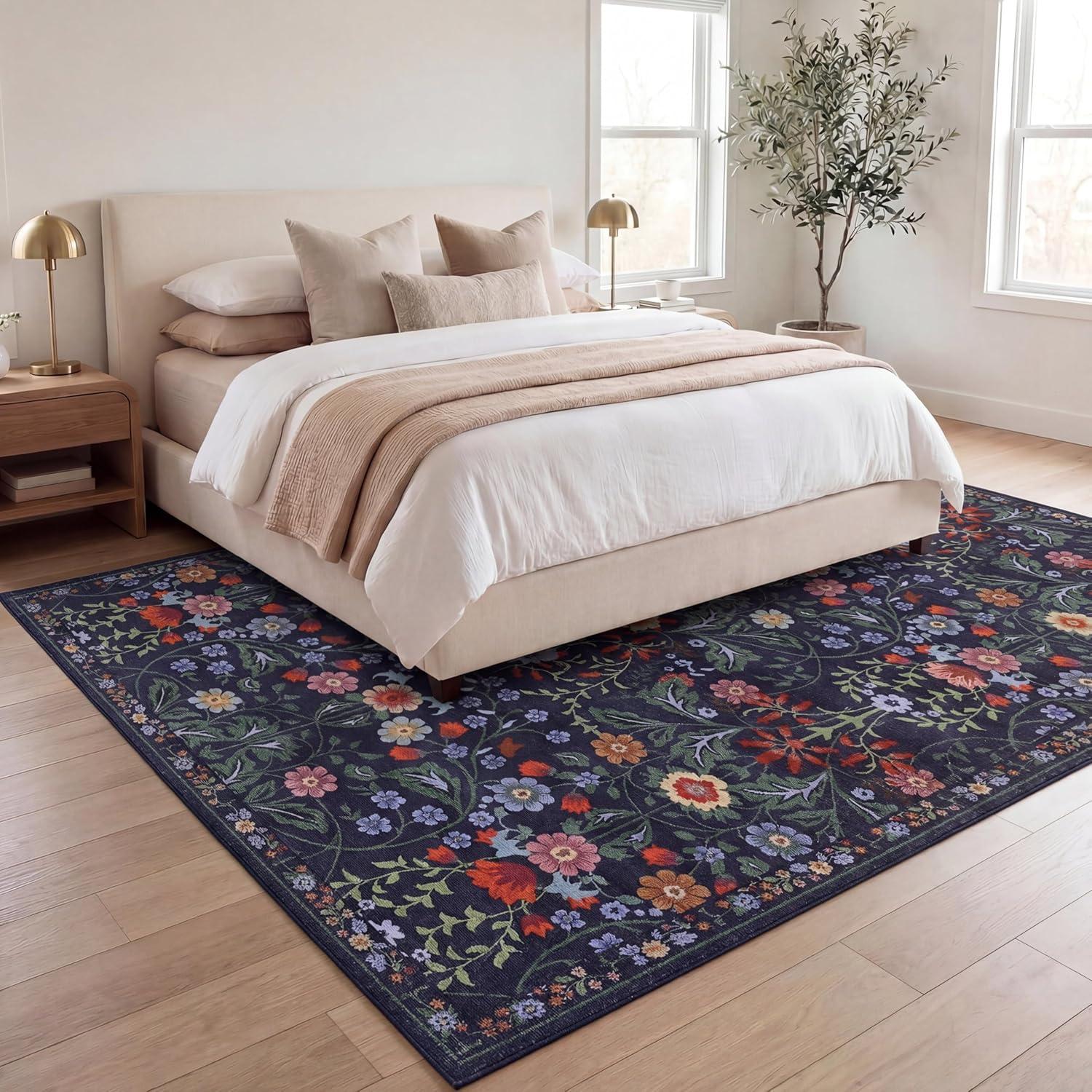 image:imageJONATHAN Y UltraSoft MachineWashable Rug with NonSkid Backing TaupeMulti 5x8 Primrose Art Nouveau Floral Border NonShedding Velvet Luxury Feel for Living Room Dining Room Bedroom BTF100F5GreenPink