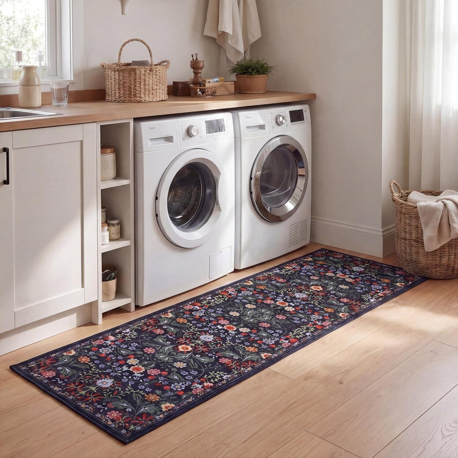 image:imageJONATHAN Y UltraSoft MachineWashable Rug with NonSkid Backing TaupeMulti 5x8 Primrose Art Nouveau Floral Border NonShedding Velvet Luxury Feel for Living Room Dining Room Bedroom BTF100F5GreenPink