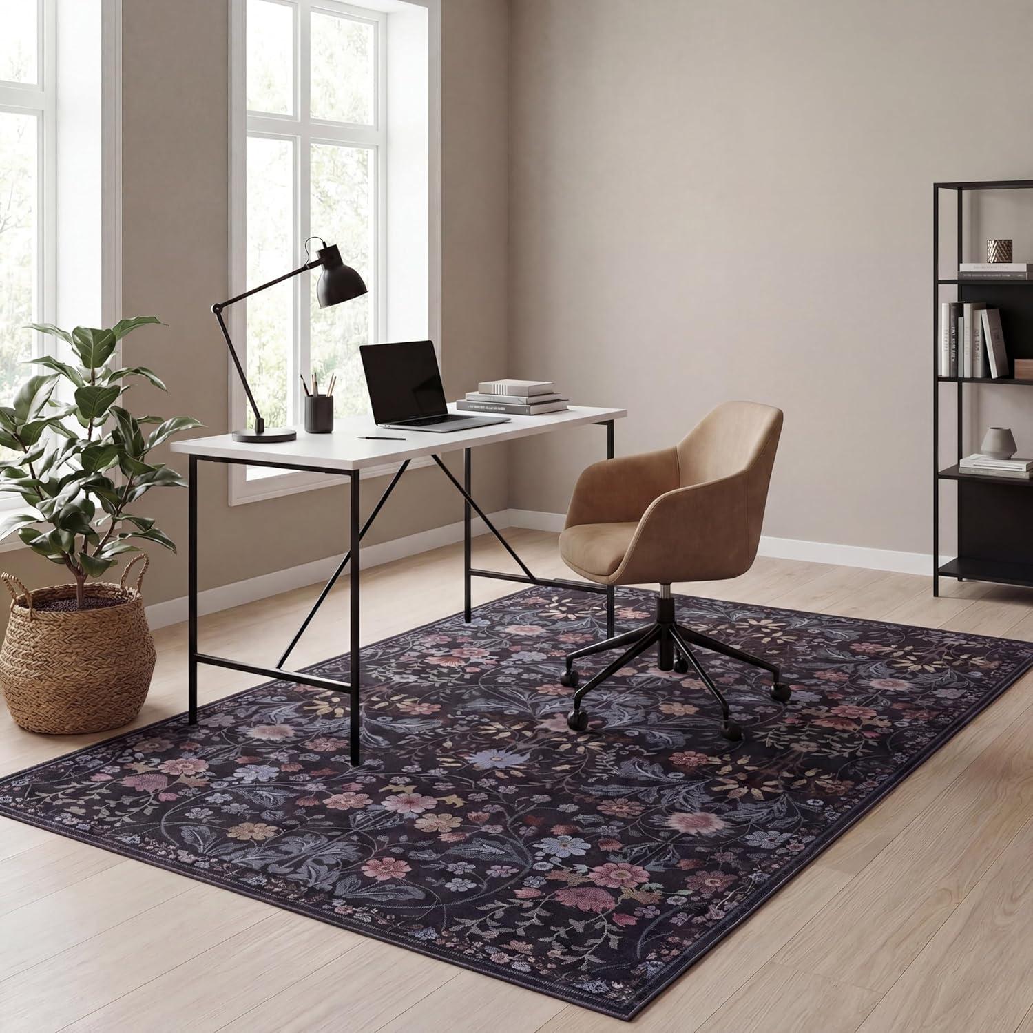 image:imageJONATHAN Y UltraSoft MachineWashable Rug with NonSkid Backing TaupeMulti 5x8 Primrose Art Nouveau Floral Border NonShedding Velvet Luxury Feel for Living Room Dining Room Bedroom BTF100F5Dark GrayMulti