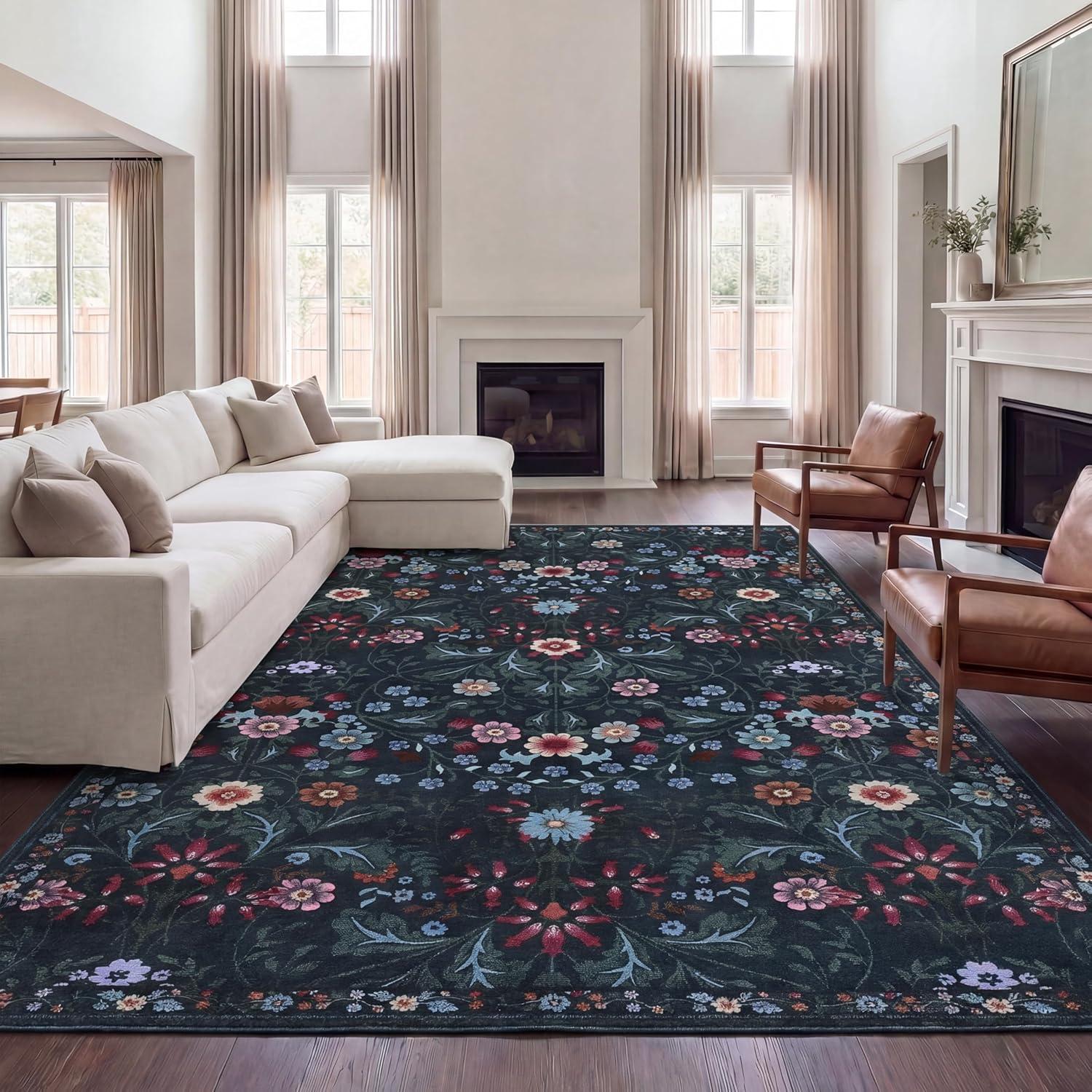 image:imageJONATHAN Y UltraSoft MachineWashable Rug with NonSkid Backing TaupeMulti 5x8 Primrose Art Nouveau Floral Border NonShedding Velvet Luxury Feel for Living Room Dining Room Bedroom BTF100F5Dark GreenMulti