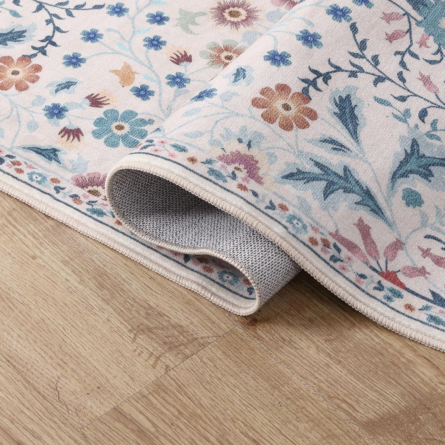 image:imageJONATHAN Y UltraSoft MachineWashable Rug with NonSkid Backing TaupeMulti 5x8 Primrose Art Nouveau Floral Border NonShedding Velvet Luxury Feel for Living Room Dining Room Bedroom BTF100F5CreamTurquoise