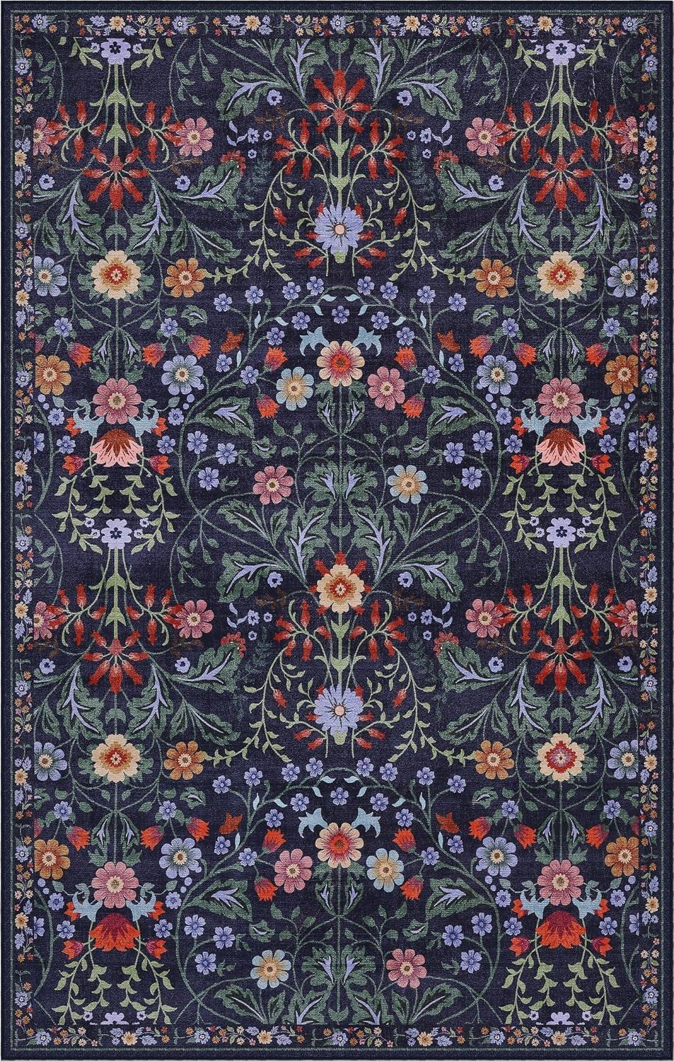 image:imageJONATHAN Y UltraSoft MachineWashable Rug with NonSkid Backing TaupeMulti 5x8 Primrose Art Nouveau Floral Border NonShedding Velvet Luxury Feel for Living Room Dining Room Bedroom BTF100F5GreenPink