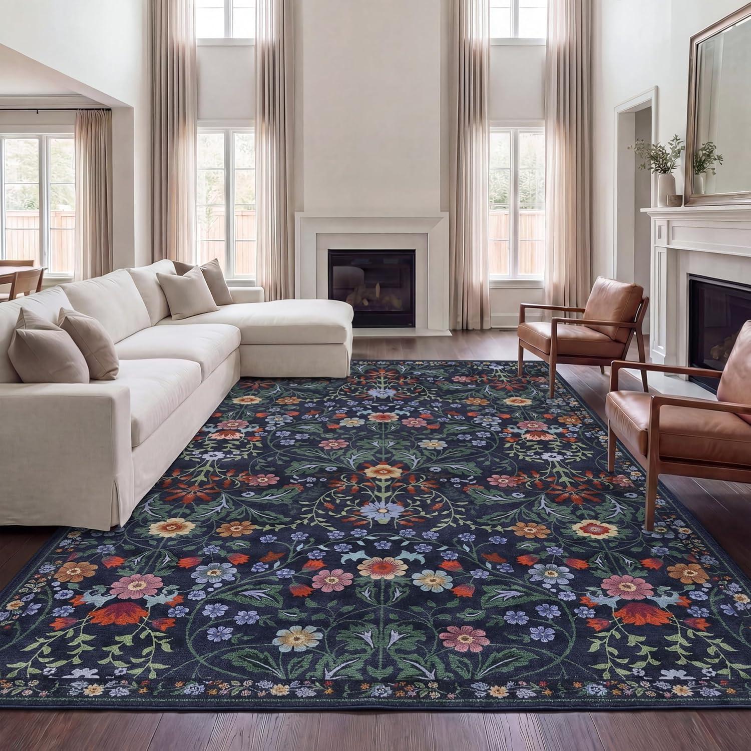 image:imageJONATHAN Y UltraSoft MachineWashable Rug with NonSkid Backing TaupeMulti 5x8 Primrose Art Nouveau Floral Border NonShedding Velvet Luxury Feel for Living Room Dining Room Bedroom BTF100F5GreenPink