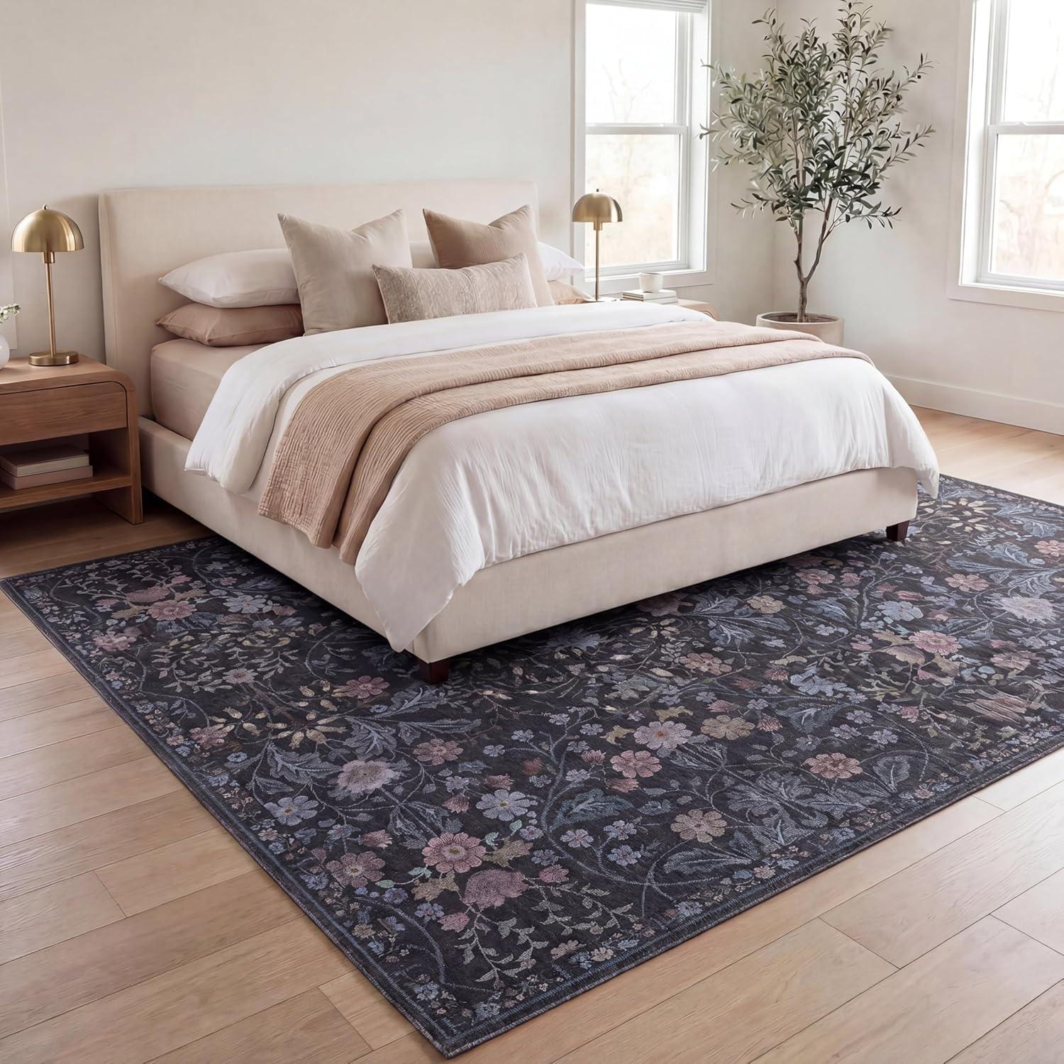image:imageJONATHAN Y UltraSoft MachineWashable Rug with NonSkid Backing TaupeMulti 5x8 Primrose Art Nouveau Floral Border NonShedding Velvet Luxury Feel for Living Room Dining Room Bedroom BTF100F5Dark GrayMulti