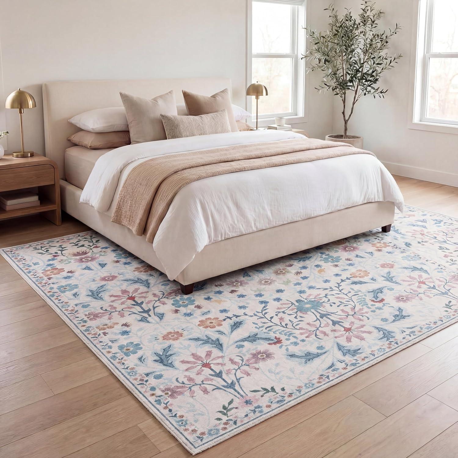 image:imageJONATHAN Y UltraSoft MachineWashable Rug with NonSkid Backing TaupeMulti 5x8 Primrose Art Nouveau Floral Border NonShedding Velvet Luxury Feel for Living Room Dining Room Bedroom BTF100F5CreamTurquoise