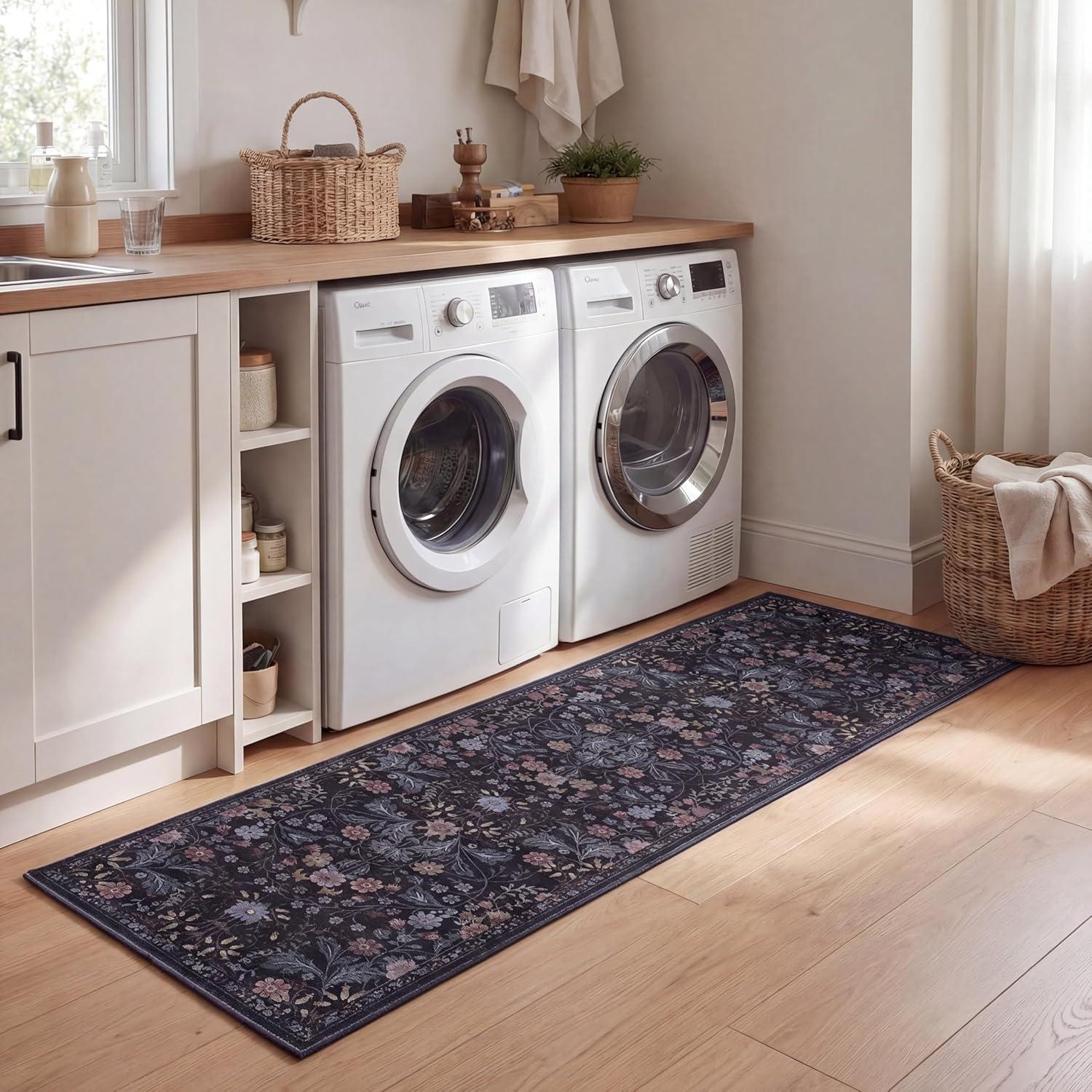 image:imageJONATHAN Y UltraSoft MachineWashable Rug with NonSkid Backing TaupeMulti 5x8 Primrose Art Nouveau Floral Border NonShedding Velvet Luxury Feel for Living Room Dining Room Bedroom BTF100F5Dark GrayMulti