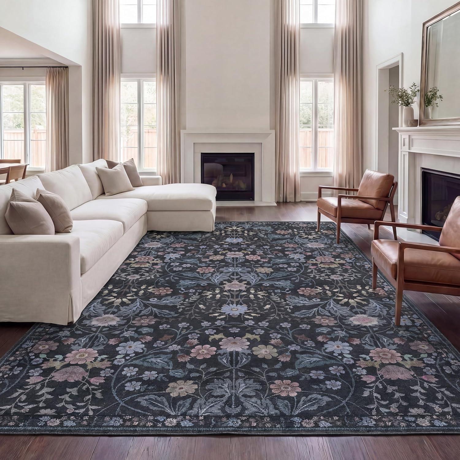 image:imageJONATHAN Y UltraSoft MachineWashable Rug with NonSkid Backing TaupeMulti 5x8 Primrose Art Nouveau Floral Border NonShedding Velvet Luxury Feel for Living Room Dining Room Bedroom BTF100F5Dark GrayMulti
