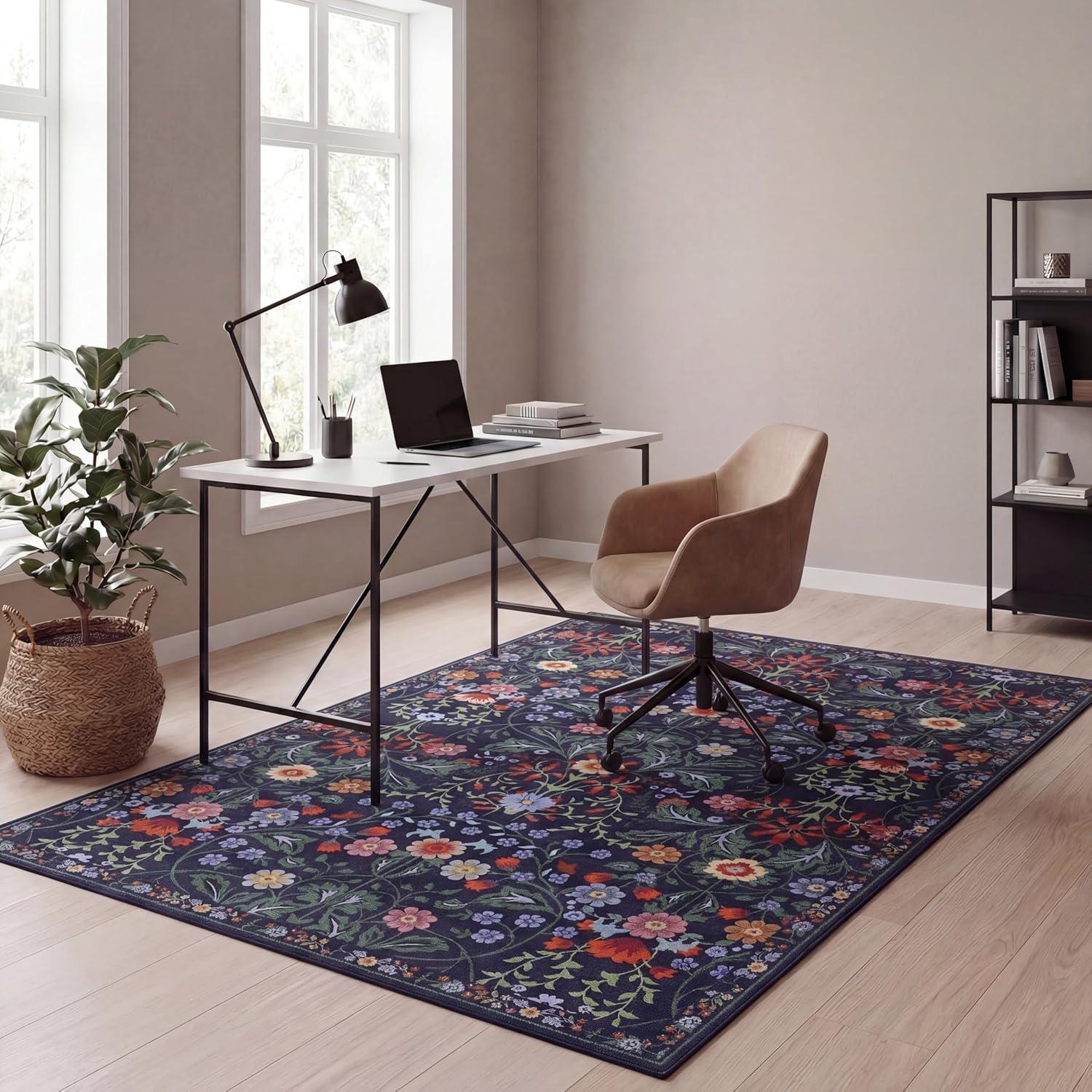 image:imageJONATHAN Y UltraSoft MachineWashable Rug with NonSkid Backing TaupeMulti 5x8 Primrose Art Nouveau Floral Border NonShedding Velvet Luxury Feel for Living Room Dining Room Bedroom BTF100F5GreenPink