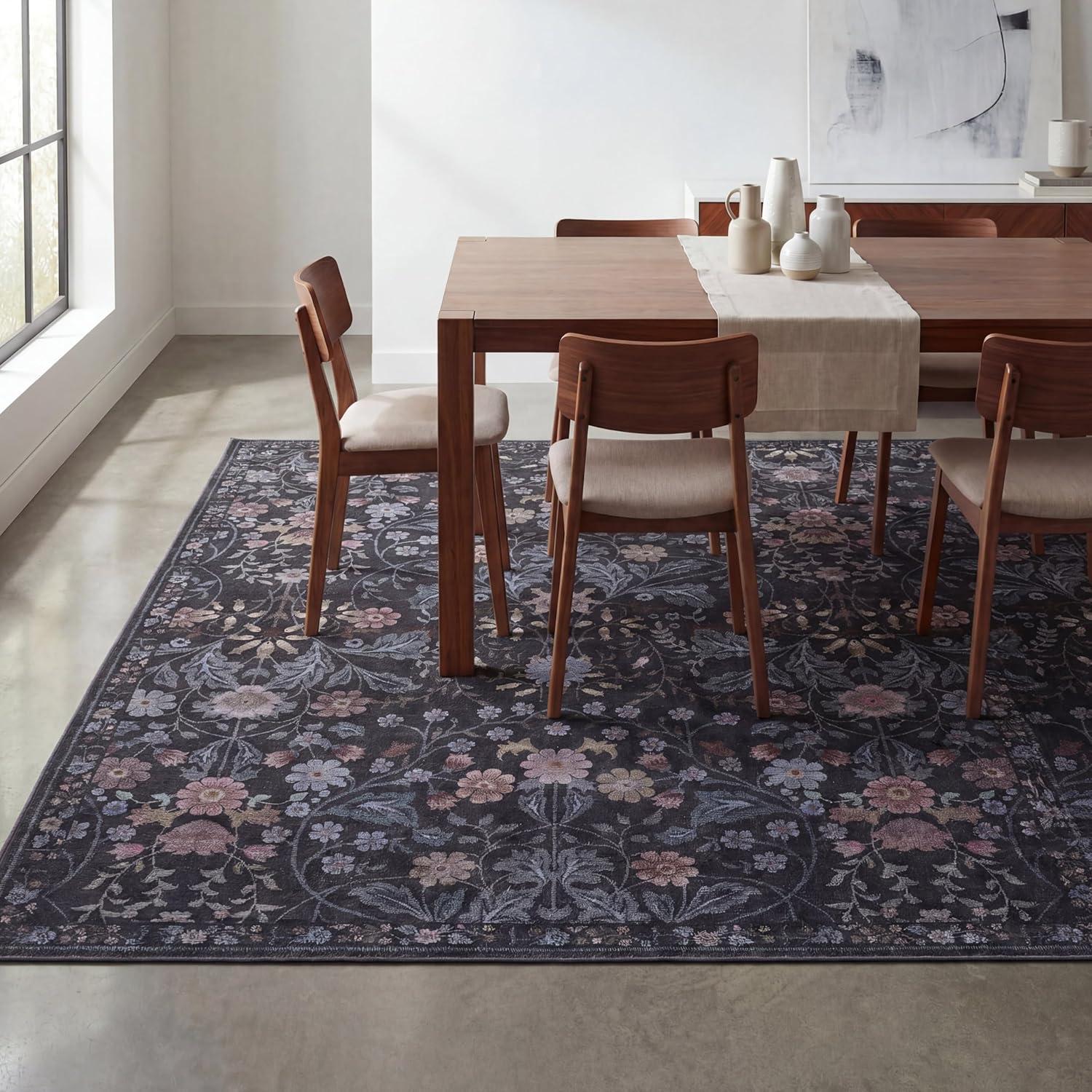 image:imageJONATHAN Y UltraSoft MachineWashable Rug with NonSkid Backing TaupeMulti 5x8 Primrose Art Nouveau Floral Border NonShedding Velvet Luxury Feel for Living Room Dining Room Bedroom BTF100F5Dark GrayMulti