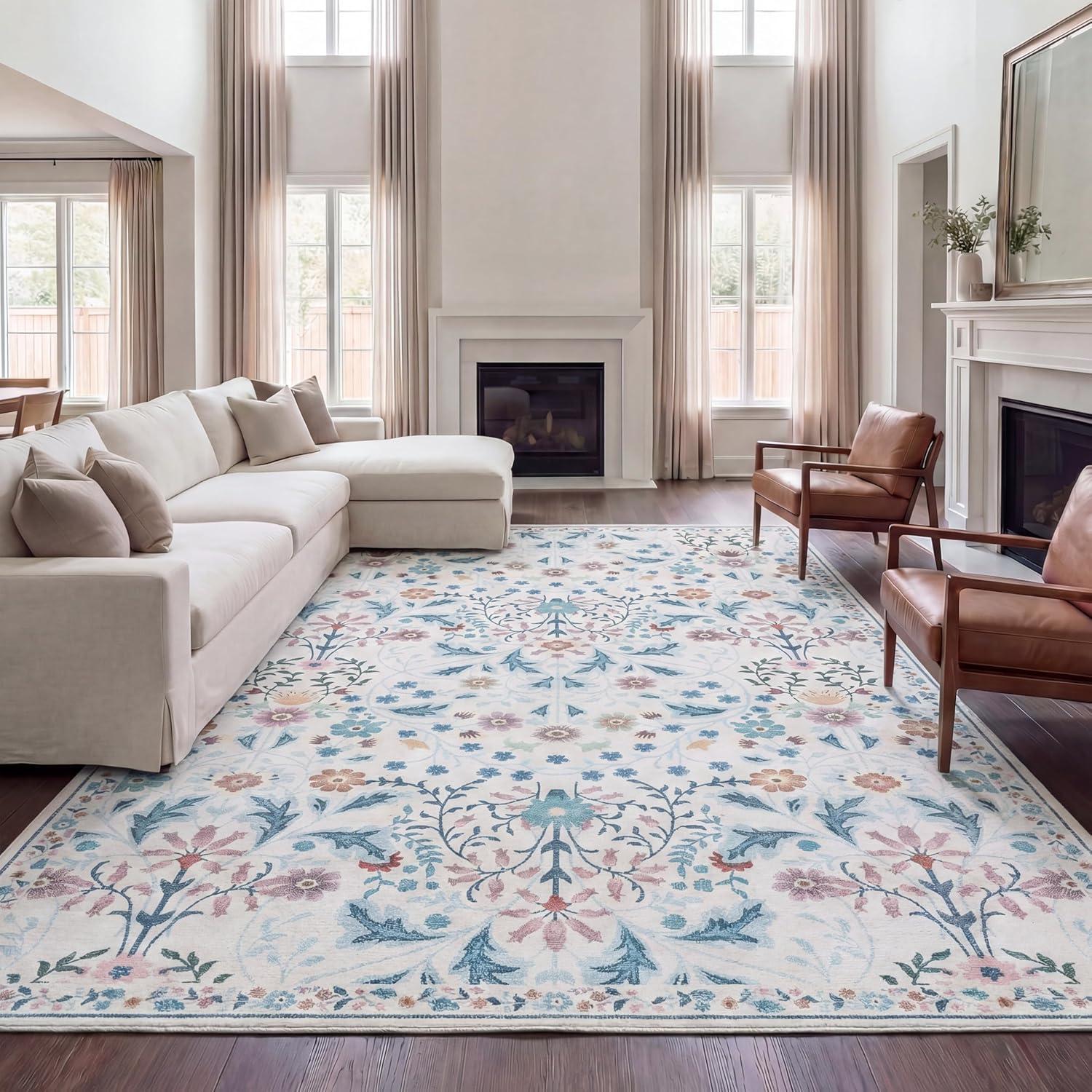 image:imageJONATHAN Y UltraSoft MachineWashable Rug with NonSkid Backing TaupeMulti 5x8 Primrose Art Nouveau Floral Border NonShedding Velvet Luxury Feel for Living Room Dining Room Bedroom BTF100F5CreamTurquoise