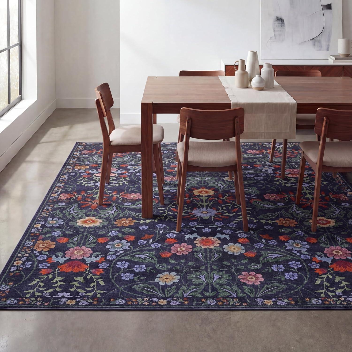 image:imageJONATHAN Y UltraSoft MachineWashable Rug with NonSkid Backing TaupeMulti 5x8 Primrose Art Nouveau Floral Border NonShedding Velvet Luxury Feel for Living Room Dining Room Bedroom BTF100F5GreenPink