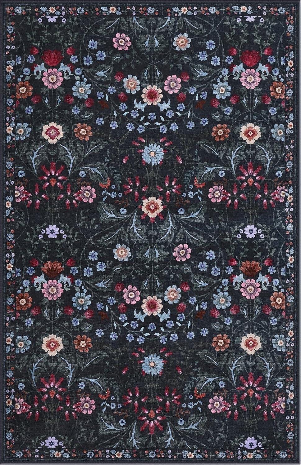 image:imageJONATHAN Y UltraSoft MachineWashable Rug with NonSkid Backing TaupeMulti 5x8 Primrose Art Nouveau Floral Border NonShedding Velvet Luxury Feel for Living Room Dining Room Bedroom BTF100F5Dark GreenMulti