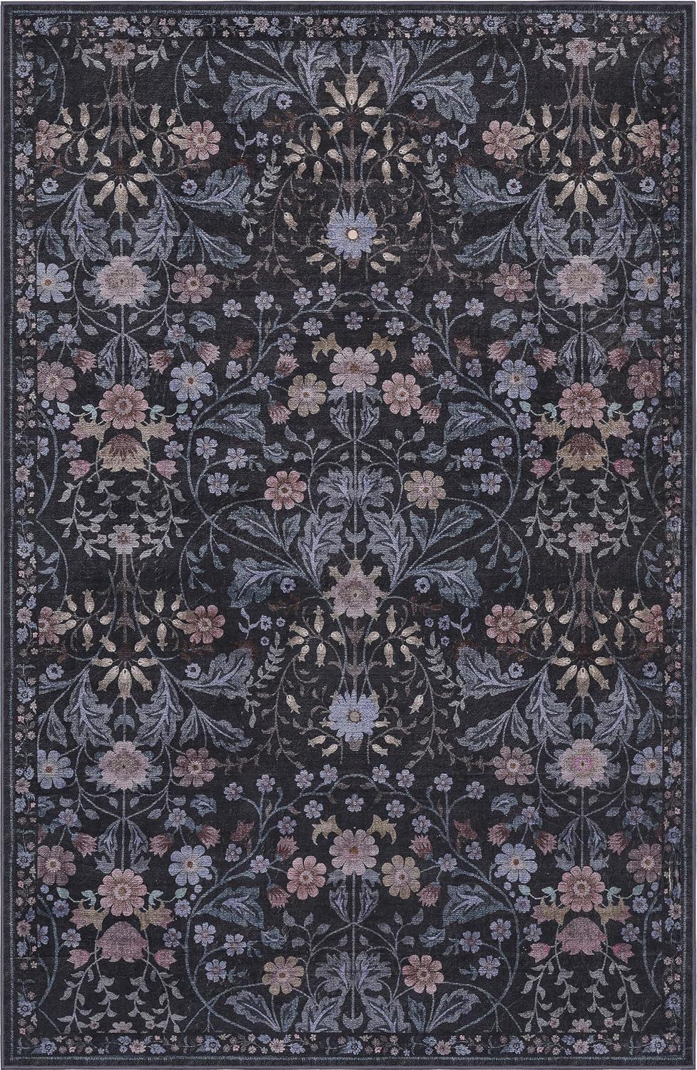 image:imageJONATHAN Y UltraSoft MachineWashable Rug with NonSkid Backing TaupeMulti 5x8 Primrose Art Nouveau Floral Border NonShedding Velvet Luxury Feel for Living Room Dining Room Bedroom BTF100F5Dark GrayMulti