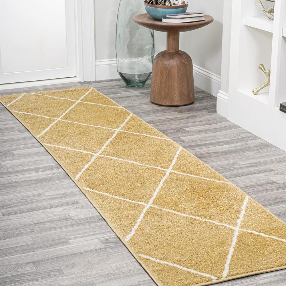 image:imageJONATHAN Y Cole Diamond Trellis Light BlueWhite Runner Rug 2x8 ModernContemporaryGeometricCasual EasyCleaning for Living RoomBedroomKitchenPet FriendlyNonShedding SEU102C28GoldWhite