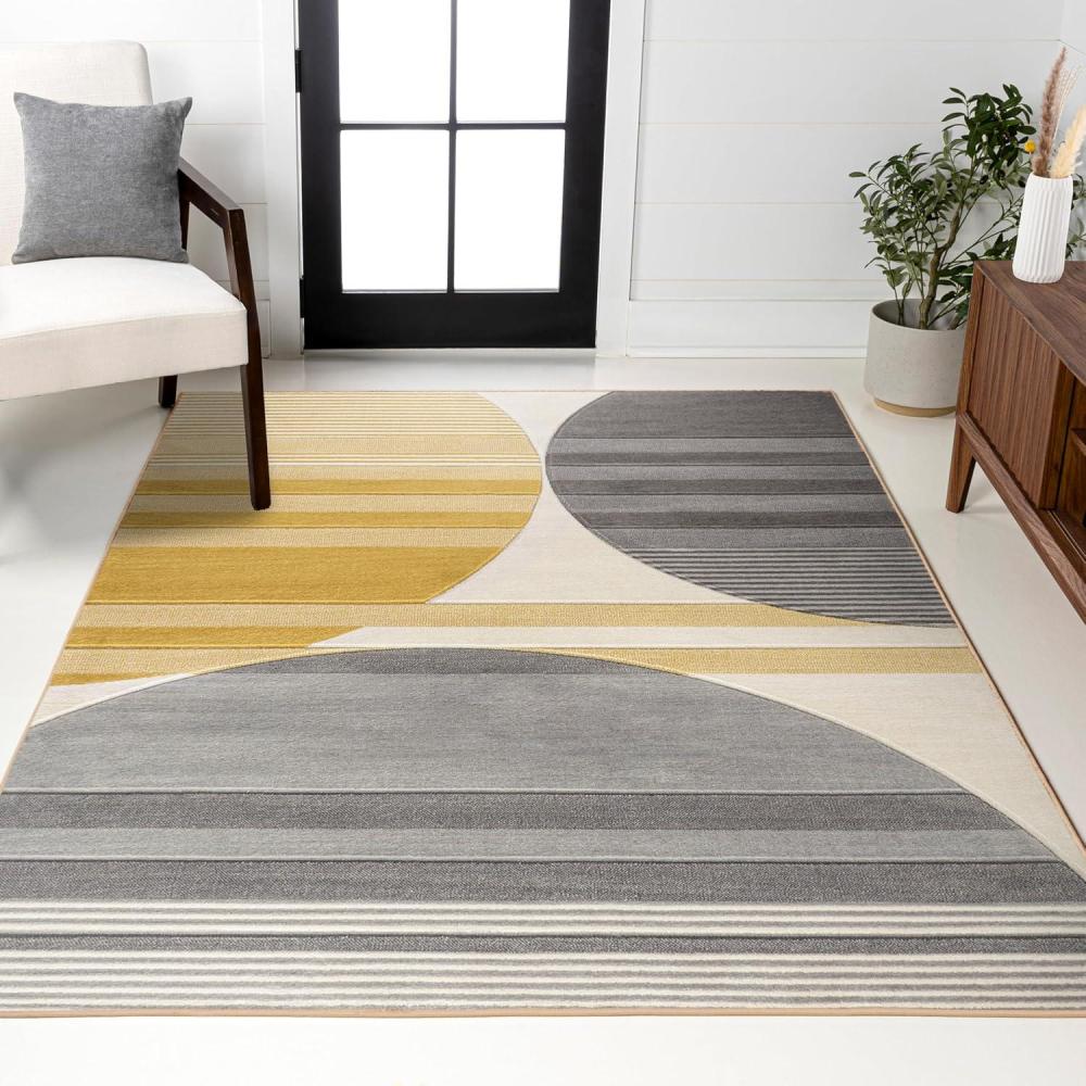 image:imageJONATHAN Y Striped Circles GrayYellowCream Indoor Area Rug 3X5 ft Nicky Geometric for Living Room Bedroom Kitchen Office EasyCleaning High Traffic PetFriendly NonShedding UNQ100A353 x 73 Rectangular