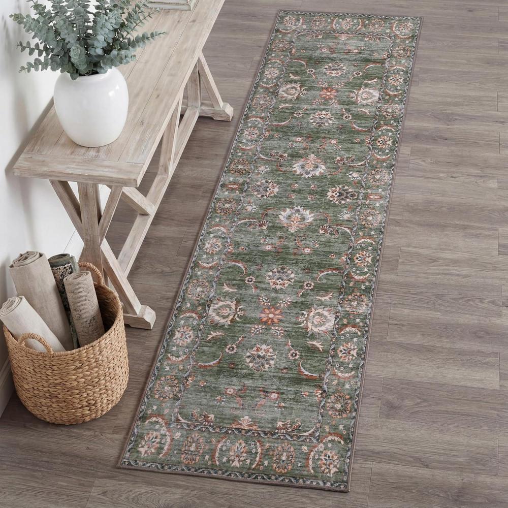 image:imageJONATHAN Y UltraSoft MachineWashable Rug with NonSkid Backing Dark GrayMulti 5x8 Arabella Vintage Floral Border NonShedding Velvet Luxury Feel for Living Room Dining Room Bedroom VOR107G5GreenBrown