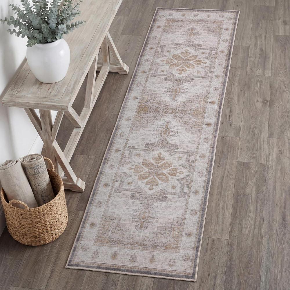image:imageJONATHAN Y UltraSoft MachineWashable Rug with NonSkid Backing Dark GrayMulti 5x8 Eleanor Vintage Medallion Border NonShedding Velvet Luxury Feel for Living Room Dining Room BedroomCreamBeige