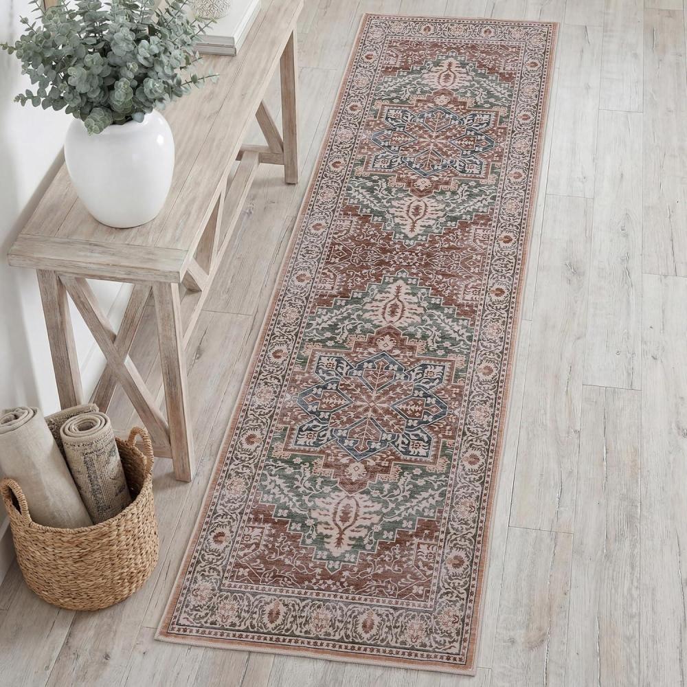 image:imageJONATHAN Y UltraSoft MachineWashable Rug with NonSkid Backing Dark GrayMulti 5x8 Eleanor Vintage Medallion Border NonShedding Velvet Luxury Feel for Living Room Dining Room BedroomGreenBrown