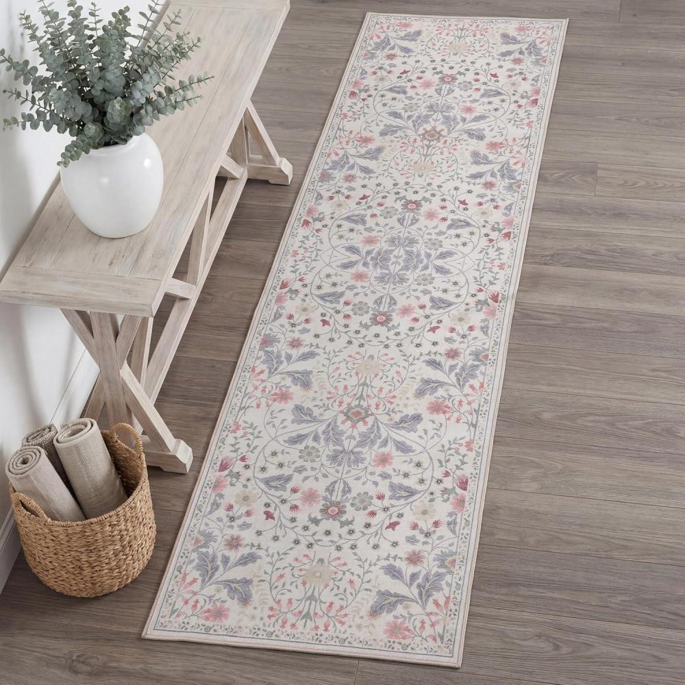 image:imageJONATHAN Y UltraSoft MachineWashable Rug with NonSkid Backing TaupeMulti 5x8 Primrose Art Nouveau Floral Border NonShedding Velvet Luxury Feel for Living Room Dining Room Bedroom BTF100F5CreamPink