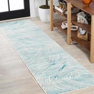 JONATHAN Y Arlo Woodgrain Geometric Ivory/Blue Indoor Area Rug, 3×5, Modern, Contemporary, Easy-Cleaning for Living Room, Bedroom, Kitchen, Pet Friendly, Non-Shedding (LUX104A-3)(2′ x 8′ (Runner))