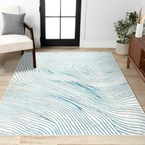 JONATHAN Y Arlo Woodgrain Geometric Ivory/Blue Indoor Area Rug, 3×5, Modern, Contemporary, Easy-Cleaning for Living Room, Bedroom, Kitchen, Pet Friendly, Non-Shedding (LUX104A-3)(7’10” x 10′ (Rectangular))