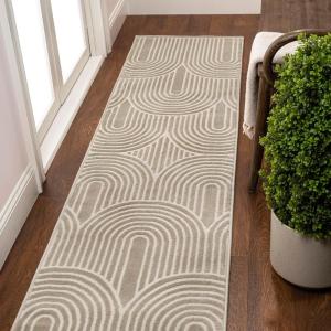 JONATHAN Y Art Deco Striped Arches Indoor Area Rug 3X5 Blue/White, Ariana MidCentury High-Low Two-Tone for Living Room, Bedroom, Kitchen, Easy-Cleaning, Pet-Friendly, Non-Shedding SND100C-3(Beige/Cream)