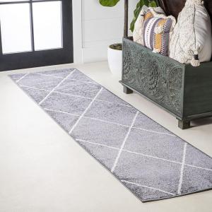 JONATHAN Y Cole Diamond Trellis Light Blue/White Runner Rug 2×8, Modern,Contemporary,Geometric,Casual, Easy-Cleaning for Living Room,Bedroom,Kitchen,Pet Friendly,Non-Shedding (SEU102C-28)(Gray/White)