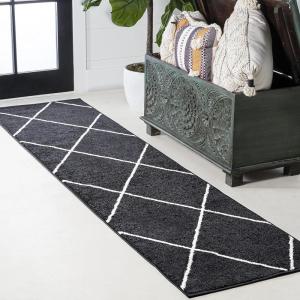 JONATHAN Y Cole Diamond Trellis Light Blue/White Runner Rug 2×8, Modern,Contemporary,Geometric,Casual, Easy-Cleaning for Living Room,Bedroom,Kitchen,Pet Friendly,Non-Shedding (SEU102C-28)(Black/White)