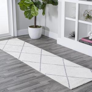 JONATHAN Y Cole Diamond Trellis Light Blue/White Runner Rug 2×8, Modern,Contemporary,Geometric,Casual, Easy-Cleaning for Living Room,Bedroom,Kitchen,Pet Friendly,Non-Shedding (SEU102C-28)(White/Gray)