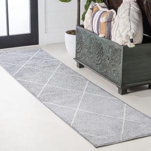 JONATHAN Y Cole Diamond Trellis Light Blue/White Runner Rug 2×8, Modern,Contemporary,Geometric,Casual, Easy-Cleaning for Living Room,Bedroom,Kitchen,Pet Friendly,Non-Shedding (SEU102C-28)(Light Gray/White)