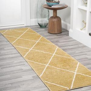 JONATHAN Y Cole Diamond Trellis Light Blue/White Runner Rug 2×8, Modern,Contemporary,Geometric,Casual, Easy-Cleaning for Living Room,Bedroom,Kitchen,Pet Friendly,Non-Shedding (SEU102C-28)(Gold/White)
