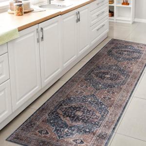 JONATHAN Y Machine Washable Indoor Area Rug 3X5 Red/Orange/Cream, Alacati Ogee Medallion for Living Room, Bedroom, Kitchen, Office, Easy-Cleaning, High Traffic, Pet-Friendly, Non-Shedding (WSH103A-3)(Navy/Brown)