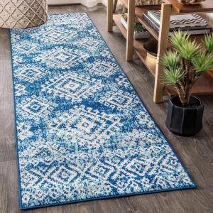 JONATHAN Y Moroccan Hype Boho Vintage Tribal Blue/White Indoor Area Rug, 3×5, Bohemian, Vintage, Easy-Cleaning for Living Room, Bedroom, Kitchen, Pet Friendly, Non-Shedding (MOH102A-3)(2’3″ x 8′ (Runner))