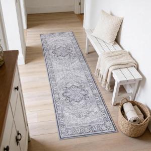 JONATHAN Y Ultra-Soft Machine-Washable Rug with Non-Skid Backing, Dark Gray/Multi 5’x8′ Eleanor Vintage Medallion Border, Non-Shedding, Velvet Luxury Feel for Living Room, Dining Room, Bedroom(Ivory/Gray)