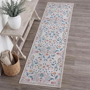 JONATHAN Y Ultra-Soft Machine-Washable Rug with Non-Skid Backing, Taupe/Multi 5’x8′ Primrose Art Nouveau Floral Border, Non-Shedding, Velvet Luxury Feel for Living Room, Dining Room, Bedroom BTF100F-5(Cream/Turquoise)