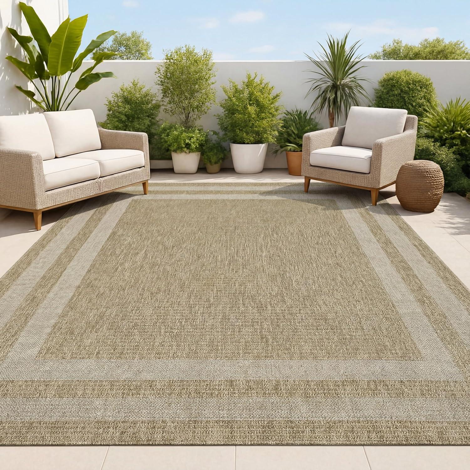 image:imageJONATHAN Y Easy Jute Rustic Indoor Outdoor Area Rug NaturalBeige 5X8 Frenzy Border for Backyard Patio EasyCleaning High Traffic PetFriendly Hose Washable NonShedding FXV204A5NaturalBeige