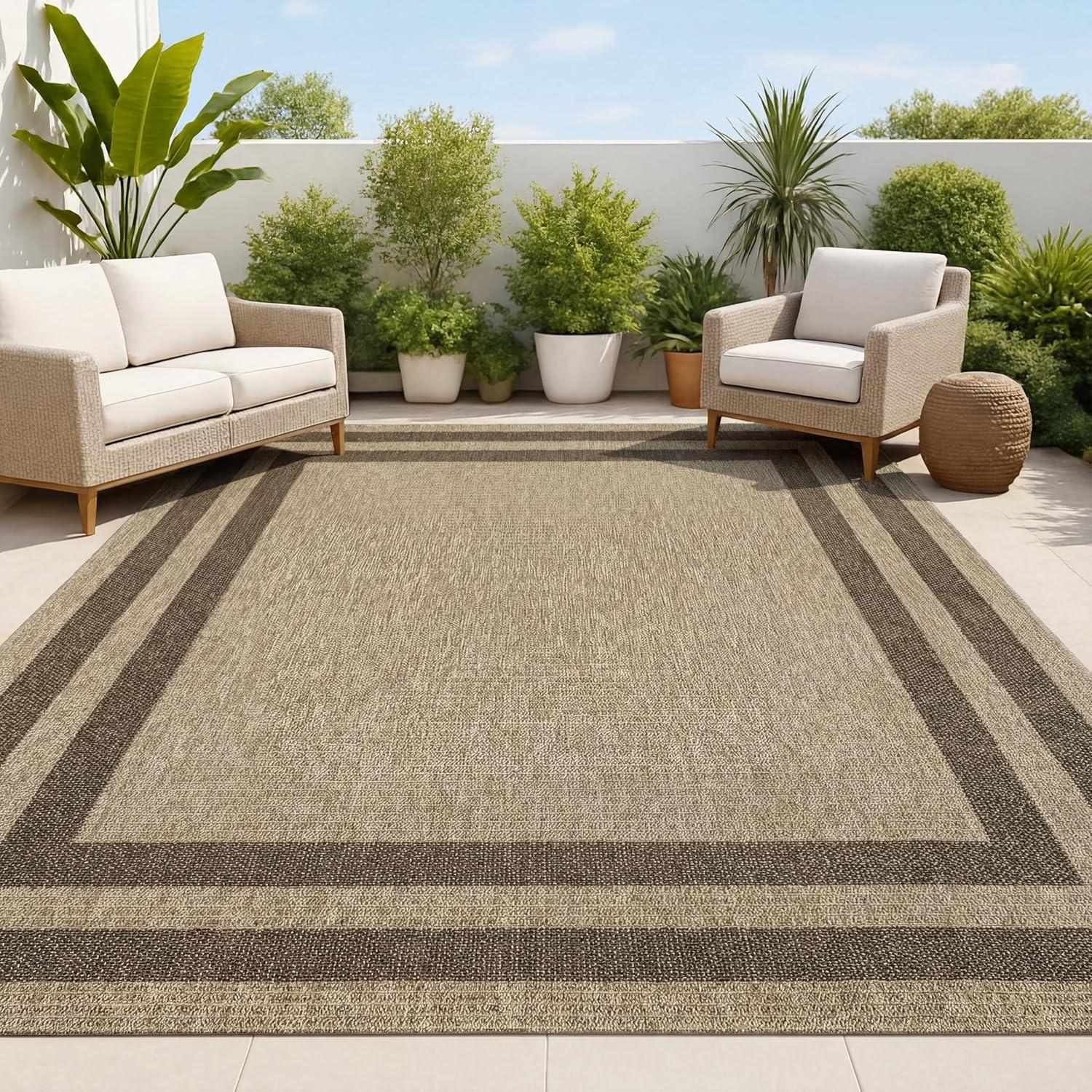 image:imageJONATHAN Y Easy Jute Rustic Indoor Outdoor Area Rug NaturalBeige 5X8 Frenzy Border for Backyard Patio EasyCleaning High Traffic PetFriendly Hose Washable NonShedding FXV204A5NaturalBrown