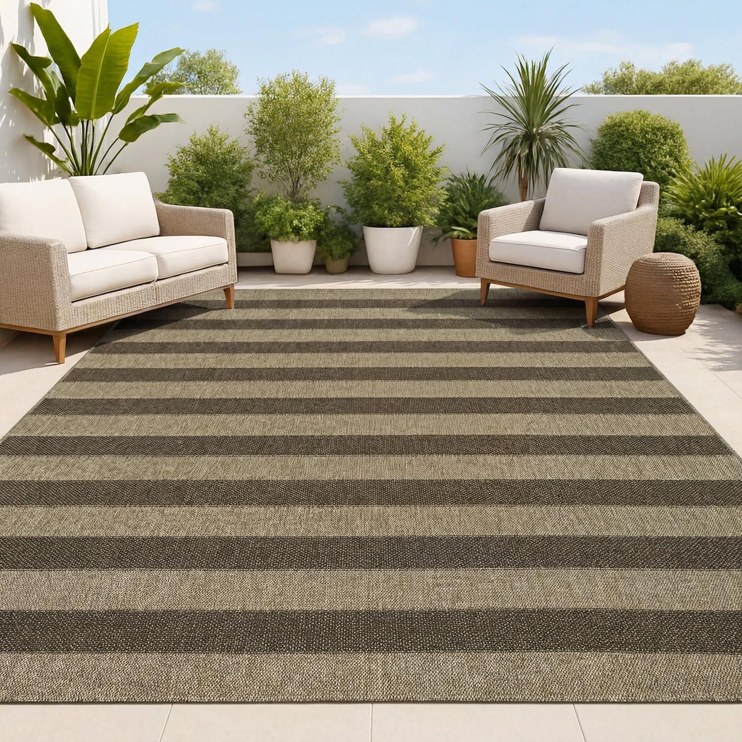 image:imageJONATHAN Y Easy Jute Rustic Indoor Outdoor Area Rug NaturalBeige 5X8 Sutton Modern Stripe for Backyard Patio EasyCleaning High Traffic PetFriendly Hose Washable NonShedding FXV205A5NaturalBrown
