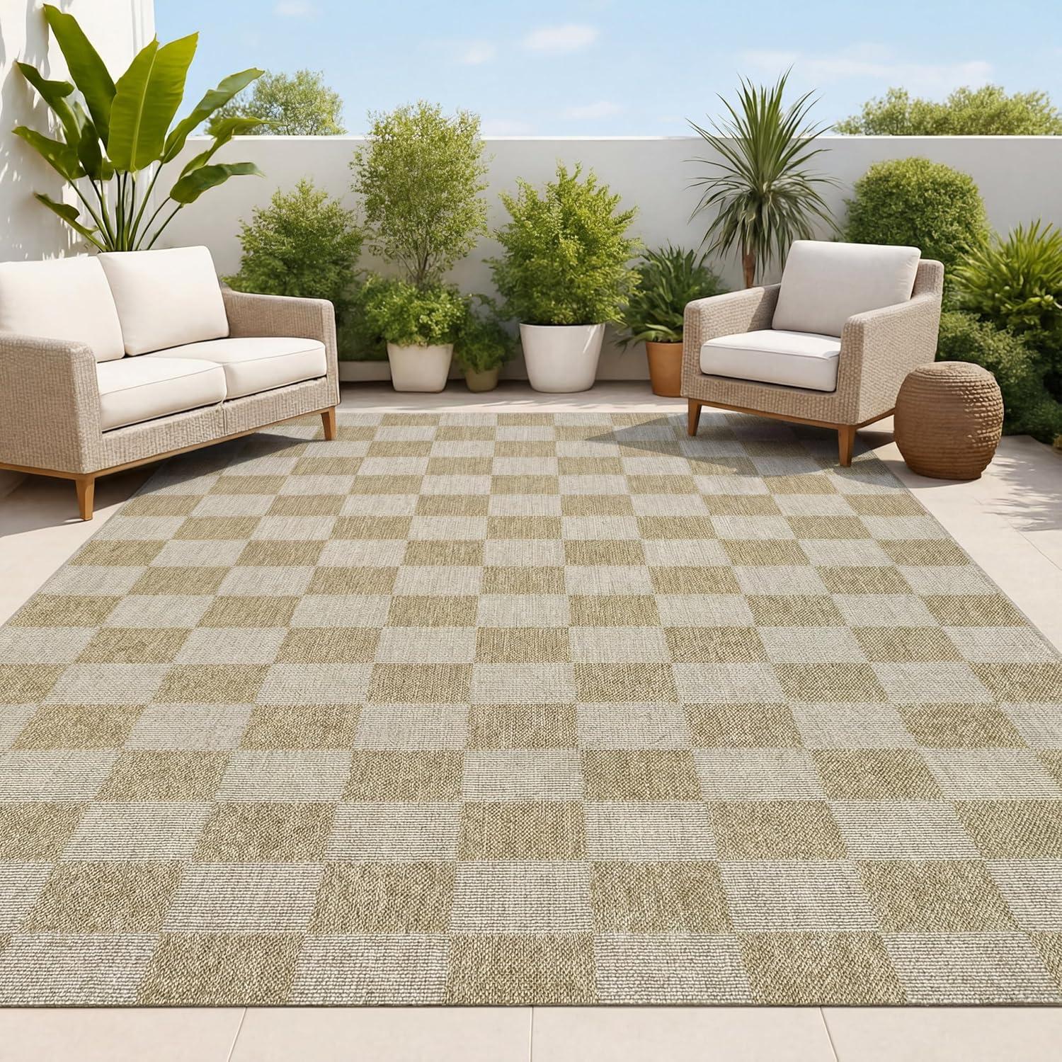 image:imageJONATHAN Y Easy Jute Rustic Indoor Outdoor Area Rug NaturalBrown 5X8 Mason Checker for Backyard Patio EasyCleaning High Traffic PetFriendly Hose Washable NonShedding FXV200B5NaturalBeige