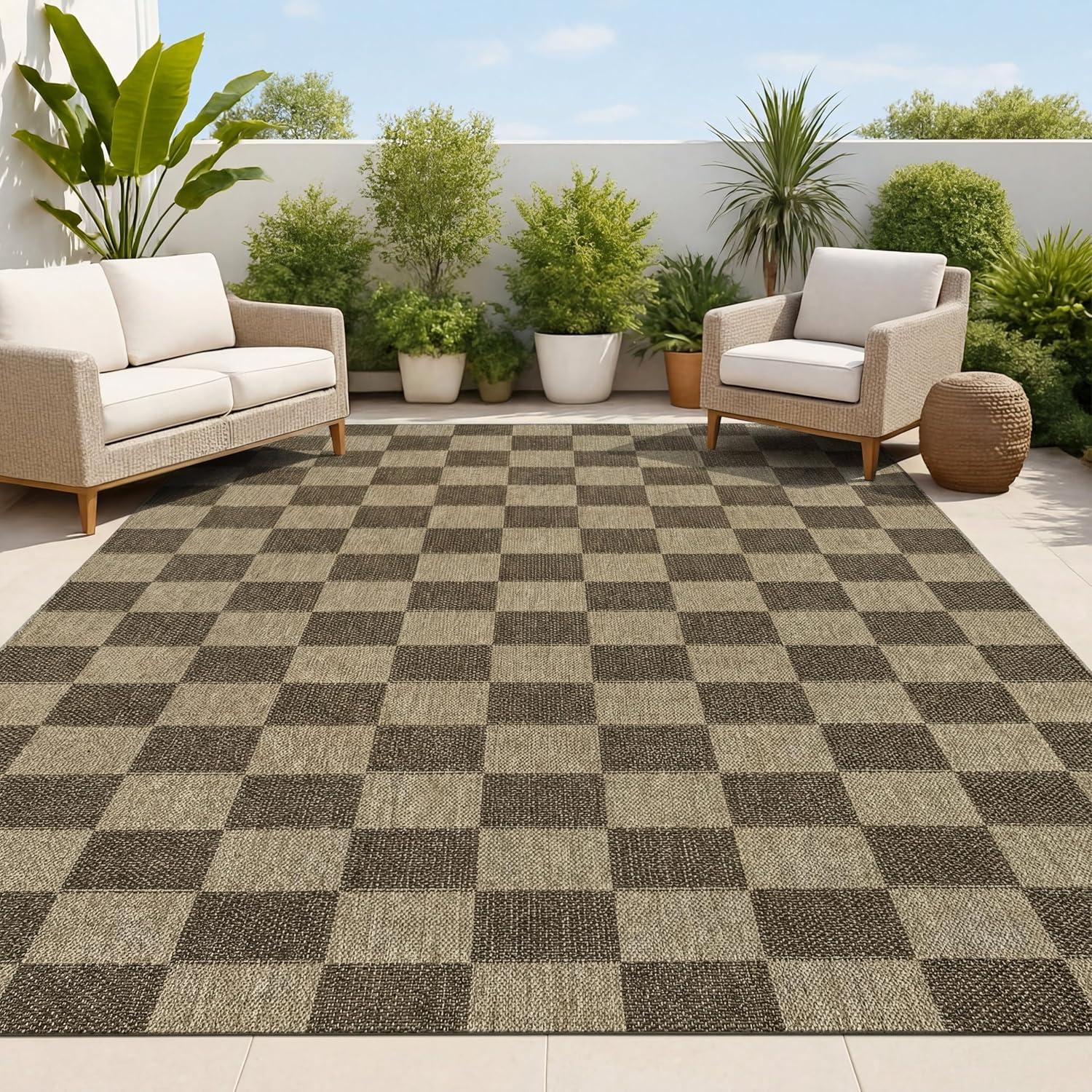 image:imageJONATHAN Y Easy Jute Rustic Indoor Outdoor Area Rug NaturalBrown 5X8 Mason Checker for Backyard Patio EasyCleaning High Traffic PetFriendly Hose Washable NonShedding FXV200B5NaturalBrown