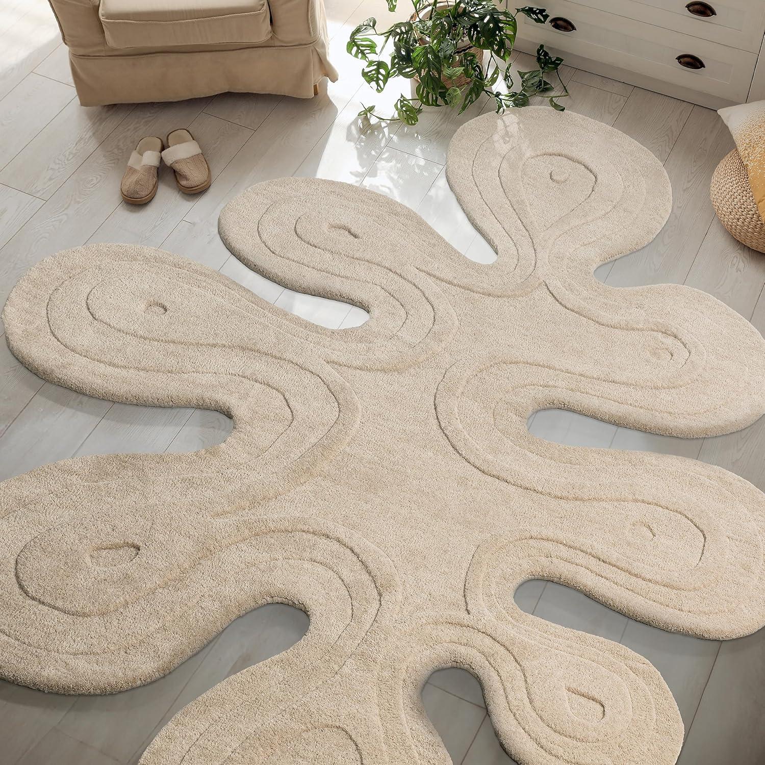 image:imageJONATHAN Y Handwoven Wool Periwinkle Blue Shaped Indoor Area Rug 5x8 Amoeba Contemporary Abstract EasyCleaning for Living Room Bedroom Kitchen Pet Friendly NonShedding GST100C5Beige