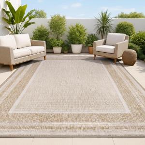 JONATHAN Y Border Stripe Indoor Outdoor Area Rug 3X5 Beige/Cream, Beckett Classic Casual for Backyard, Patio, Porch, Easy-Cleaning, High Traffic, Pet-Friendly, Non-Shedding (TSN208A-3)(4′ x 6′ (Rectangular))