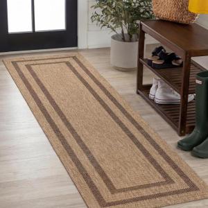 JONATHAN Y Easy Jute Rustic Indoor Outdoor Area Rug Natural/Beige 5X8, Frenzy Border for Backyard, Patio, Easy-Cleaning, High Traffic, Pet-Friendly, Hose Washable, Non-Shedding FXV204A-5(Natural/Brown)