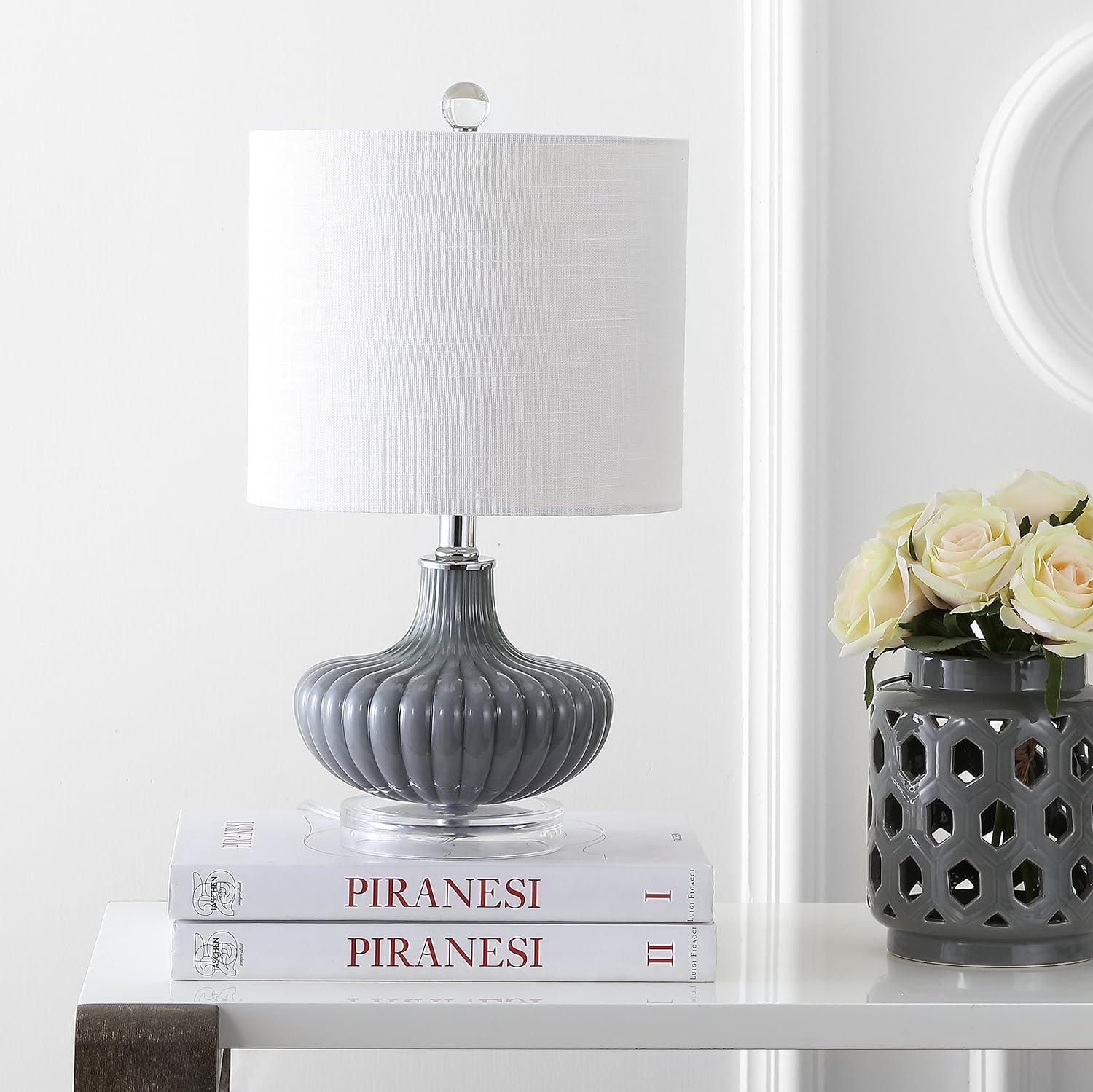 image:imageJONATHAN Y 18 Gray Fluted Glass and Lucite Table Lamp Contemporary Teardrop Bedside Lamp with White Linen Drum Shade for Nightstand Console Table LED Bulb Included JYL1032A