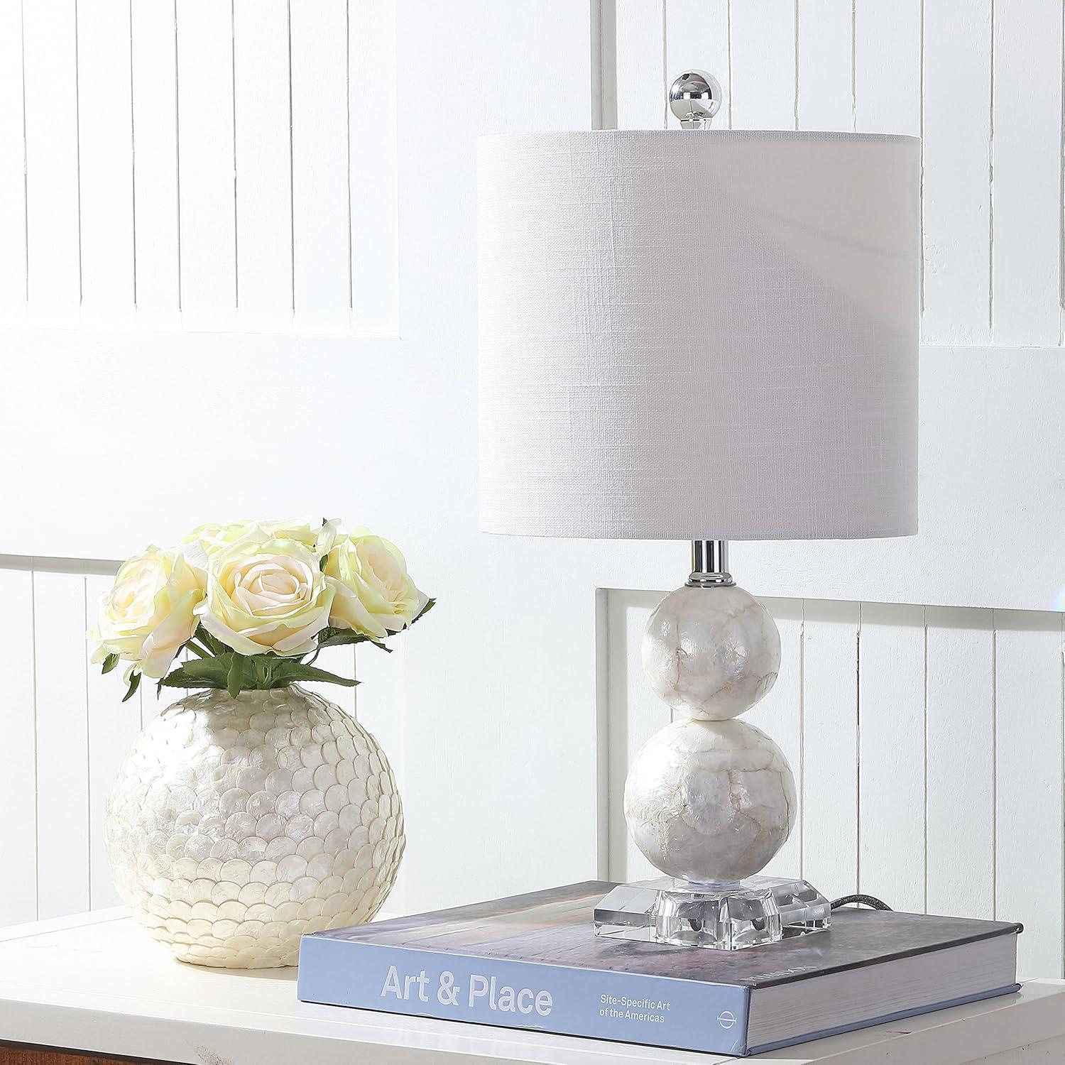 image:imageJONATHAN Y 19 Ivory Capiz Seashell LED Table Lamp Coastal Mosaic Table Lamp with Crystal Base and White Linen Drum Shade for Bedroom Living Room LED Bulb Included JYL1023A