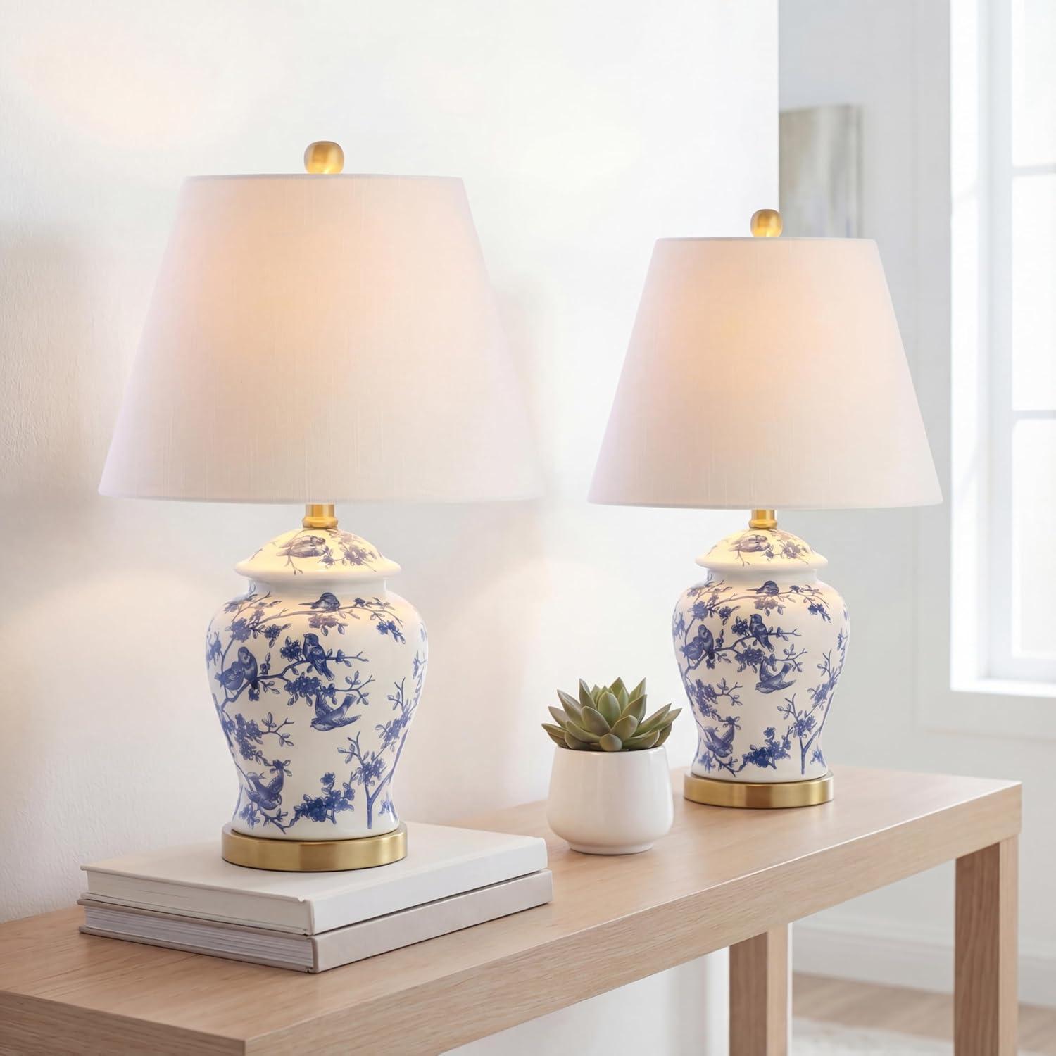 image:imageJONATHAN Y 22 GreenWhite Ceramic Table Lamp French Country Chinoiserie Ginger Jar LED Bedside Lamp for Living Room Bedroom White Linen Shade JYL3005EBlueWhite