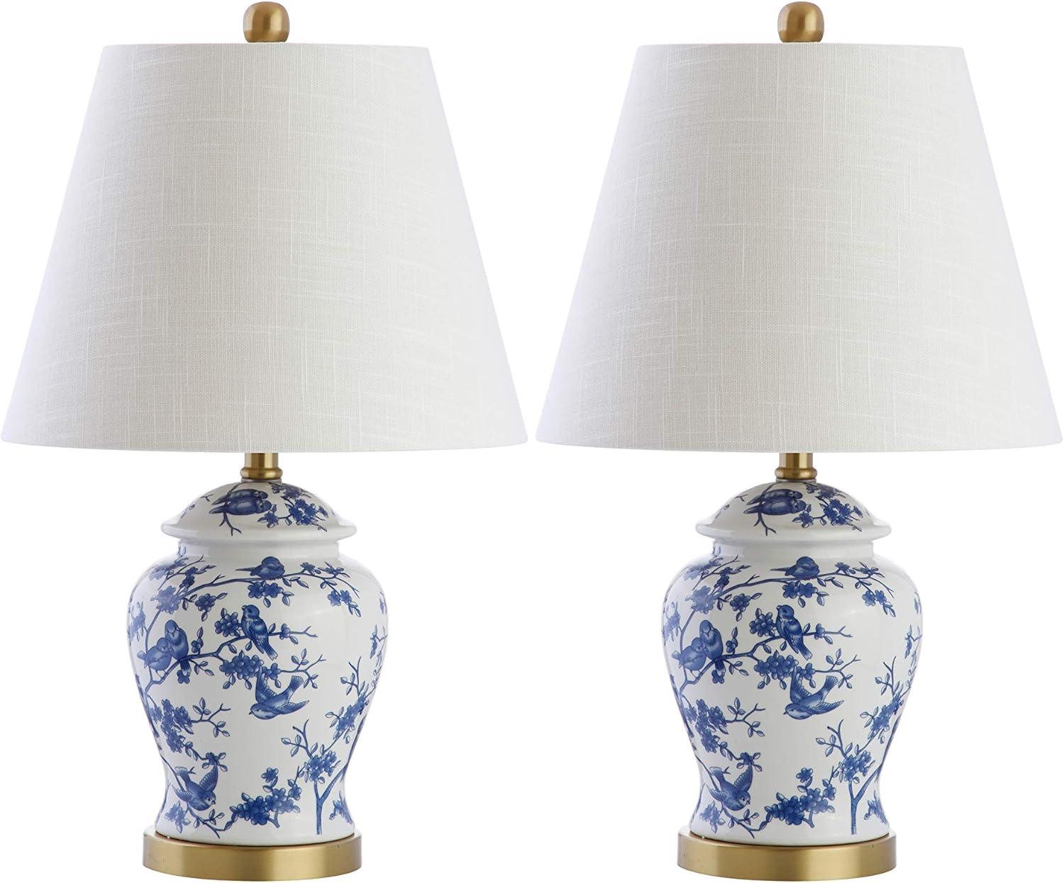 image:imageJONATHAN Y 22 GreenWhite Ceramic Table Lamp French Country Chinoiserie Ginger Jar LED Bedside Lamp for Living Room Bedroom White Linen Shade JYL3005EBlueWhite