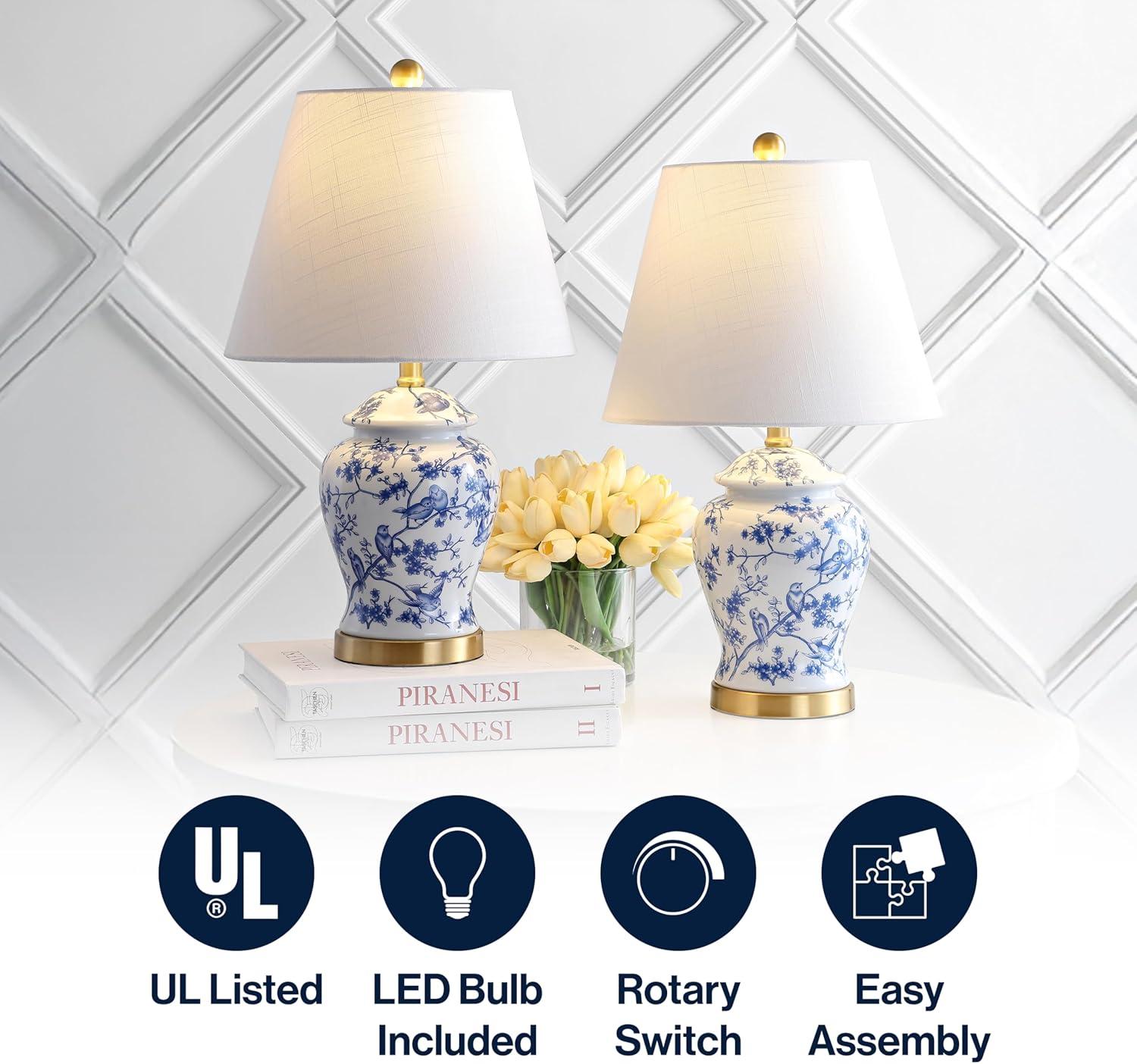 image:imageJONATHAN Y 22 GreenWhite Ceramic Table Lamp French Country Chinoiserie Ginger Jar LED Bedside Lamp for Living Room Bedroom White Linen Shade JYL3005EBlueWhite