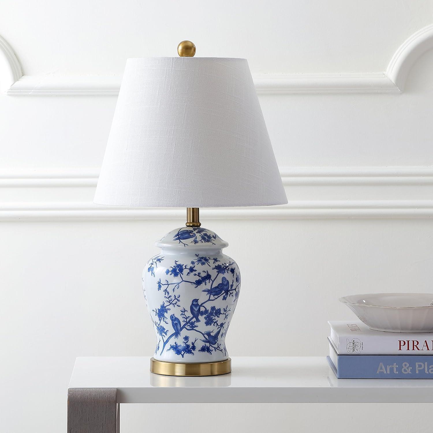 image:imageJONATHAN Y 22 GreenWhite Ceramic Table Lamp French Country Chinoiserie Ginger Jar LED Bedside Lamp for Living Room Bedroom White Linen Shade JYL3005EBlueWhite